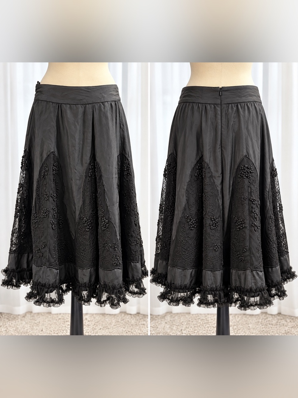 NAF NAF Paris 100% Silk Black Embroidered Lace Midi Skirt Size 42